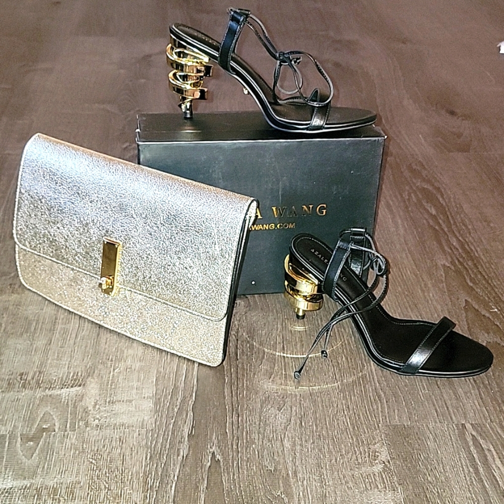 Azalea Wang Black And Gold Heels And Gold Clutch Set with Gold-Toned Clasp